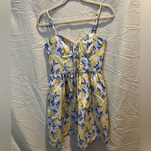Vintage Juicy Couture dress. lemon print royal blue yellow. corset style bodice